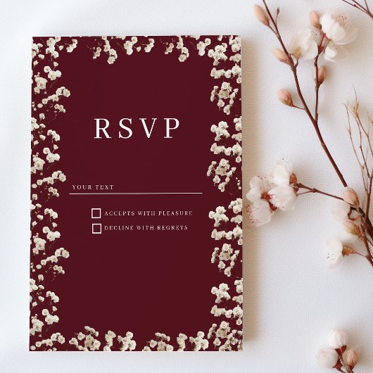 Botanical Burgundy ivory gypsophila floral RSVP  招待状