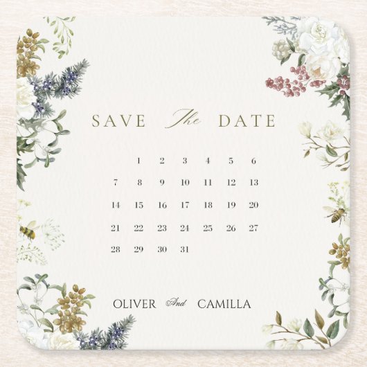 Botanical Calendar Save the Date Card Template スクエアペーパーコースター (正面)