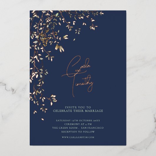 Botanical Caligraphy Wedding Navy Blue 箔招待状 (正面)