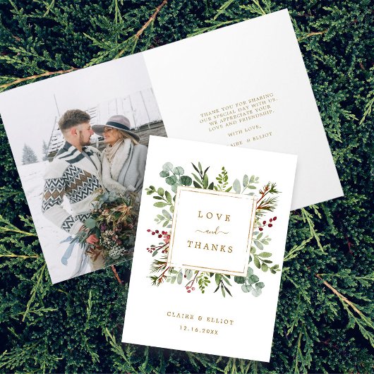 Botanical Christmas金ゴールド結婚の感謝の写真 カード