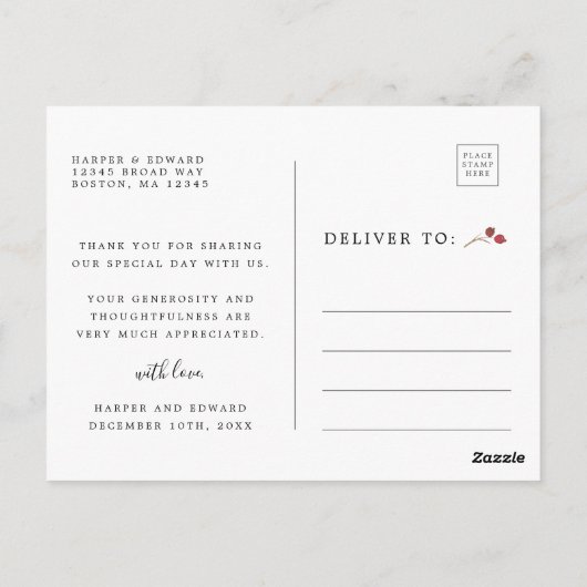 Botanical Christmas Greenの結婚写真ありがとう ポストカード (裏面)