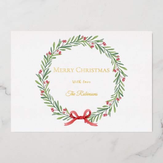 Botanical Christmas Wreath Modern Gold Script 箔シーズンカード (正面)