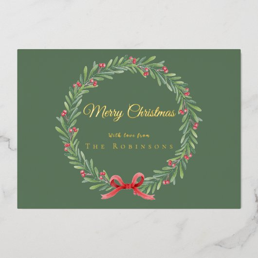 Botanical Christmas Wreath Modern Gold Script 箔シーズンカード (正面)