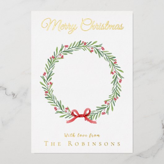 Botanical Christmas Wreath Modern Gold Script 箔シーズンカード (正面)