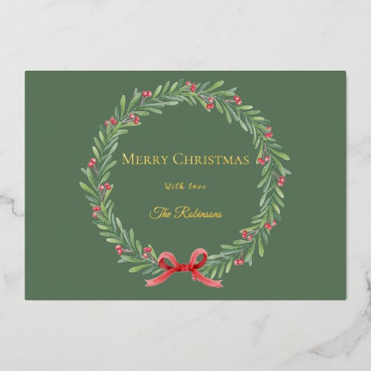 Botanical Christmas Wreath Modern Gold Script 箔シーズンカード (正面)