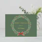 Botanical Christmas Wreath Modern Gold Script 箔シーズンカード (立ち正面)