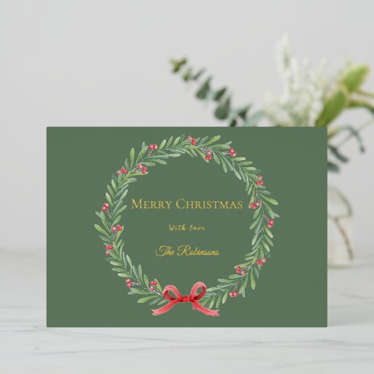 Botanical Christmas Wreath Modern Gold Script 箔シーズンカード (立ち正面)