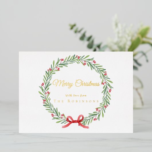 Botanical Christmas Wreath Modern Gold Script 箔シーズンカード (立ち正面)