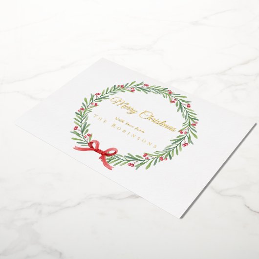 Botanical Christmas Wreath Modern Gold Script 箔シーズンカード (回転した状態)