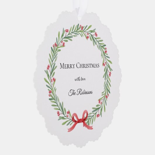 Botanical Christmas Wreath Modern Script オーナメントカード (右)