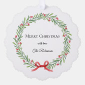 Botanical Christmas Wreath Modern Script オーナメントカード (正面)