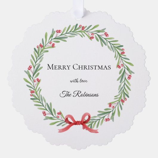 Botanical Christmas Wreath Modern Script オーナメントカード (正面)