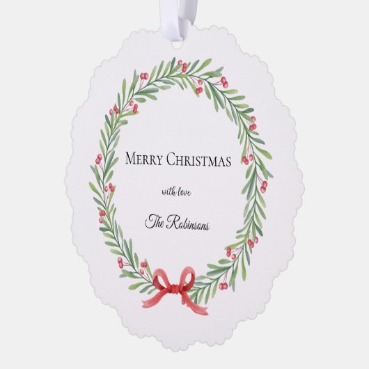 Botanical Christmas Wreath Modern Script  オーナメントカード (左)