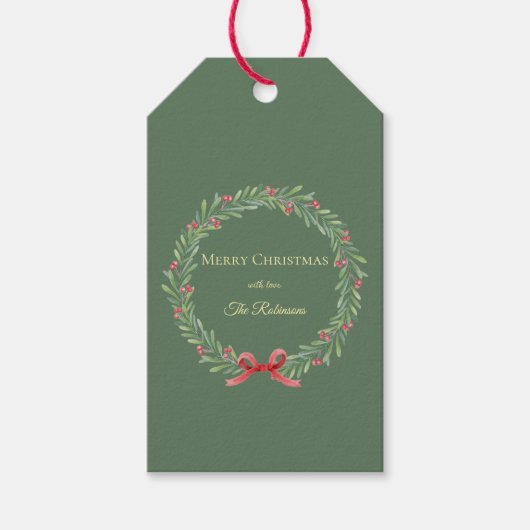 Botanical Christmas Wreath Modern Script ギフトタグ (正面)