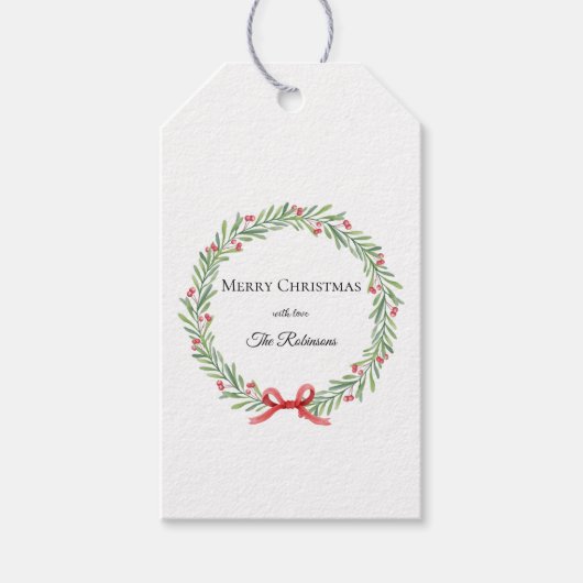 Botanical Christmas Wreath Modern Script  ギフトタグ (正面)
