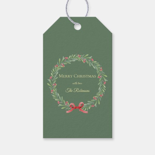 Botanical Christmas Wreath Modern Script  ギフトタグ (正面)