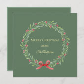 Botanical Christmas Wreath Modern Script シーズンカード (正面/裏面)