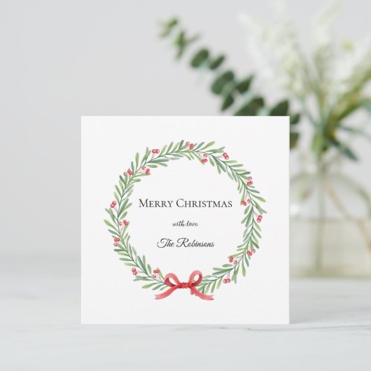 Botanical Christmas Wreath Modern Script  シーズンカード (スタンド正面)