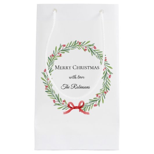 Botanical Christmas Wreath Modern Script  スモールペーパーバッグ (正面)