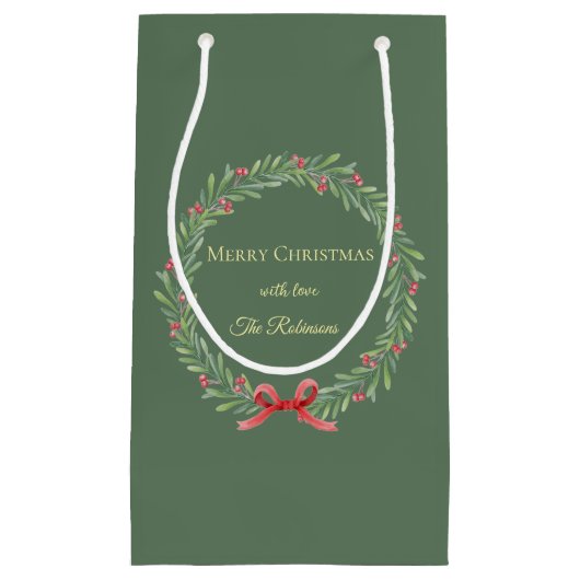 Botanical Christmas Wreath Modern Script スモールペーパーバッグ (正面)