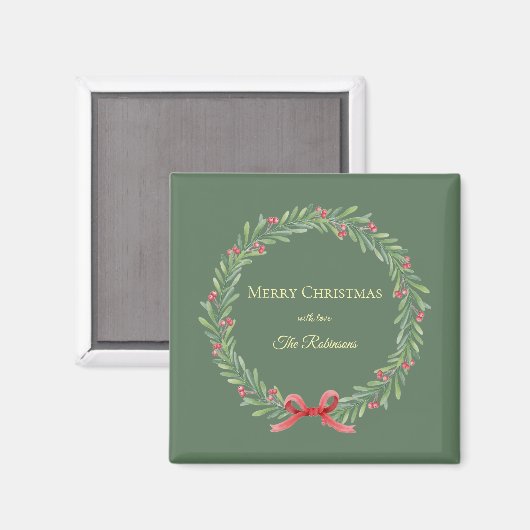 Botanical Christmas Wreath Modern Script マグネット (正面/裏面)