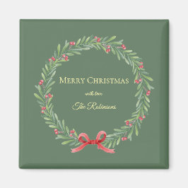 Botanical Christmas Wreath Modern Script マグネット