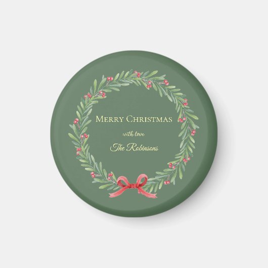 Botanical Christmas Wreath Modern Script マグネット (正面)