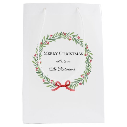 Botanical Christmas Wreath Modern Script ミディアムペーパーバッグ (正面)