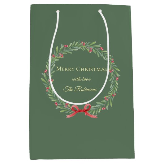 Botanical Christmas Wreath Modern Script ミディアムペーパーバッグ (正面)