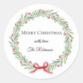 Botanical Christmas Wreath Modern Script ラウンドシール (正面)