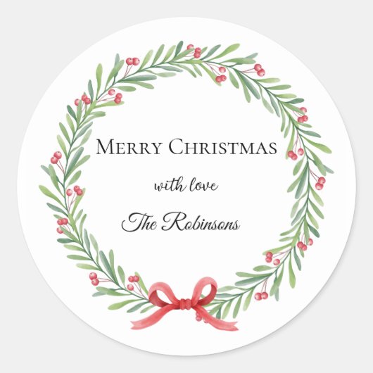 Botanical Christmas Wreath Modern Script ラウンドシール (正面)