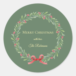 Botanical Christmas Wreath Modern Script  ラウンドシール