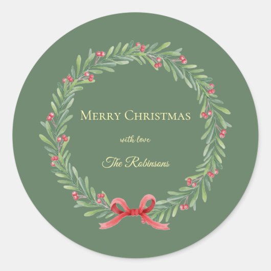 Botanical Christmas Wreath Modern Script ラウンドシール (正面)