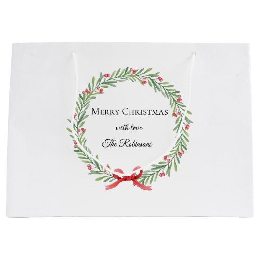Botanical Christmas Wreath Modern Script  ラージペーパーバッグ (正面)