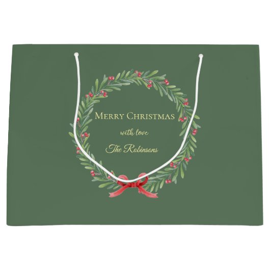 Botanical Christmas Wreath Modern Script ラージペーパーバッグ (正面)