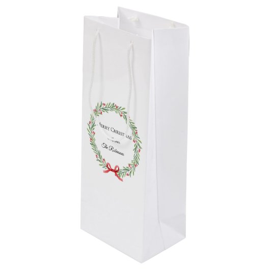 Botanical Christmas Wreath Modern Script  ワインギフトバッグ (正面アングル)