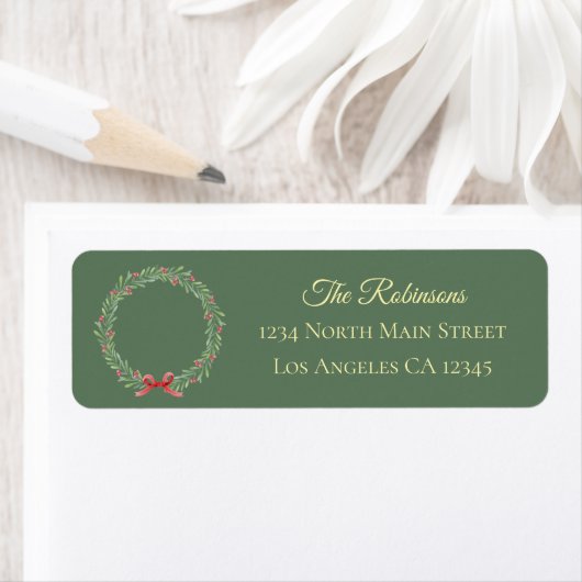 Botanical Christmas Wreath Modern Script Address ラベル (インサイチュ)