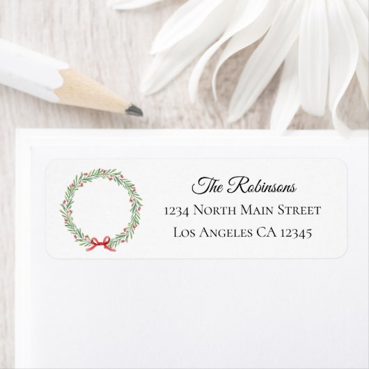Botanical Christmas Wreath Modern Script Address ラベル (インサイチュ)