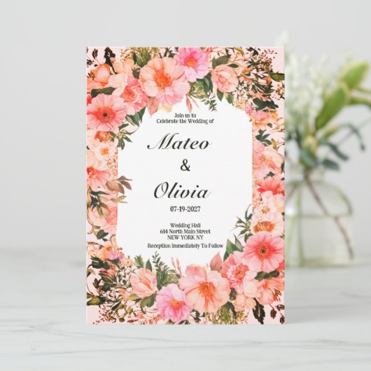 Botanical colorful blossom floral Wedding 招待状 (スタンド正面)