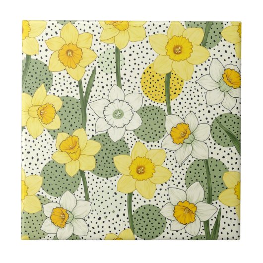 Botanical Daffodil Floral Geometric Pattern (3) タイル (正面)