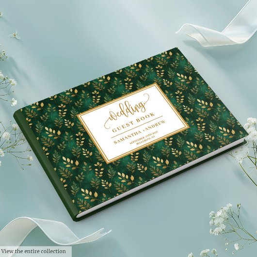 Botanical Dark Green And Gold Wedding Guest Book ゲストブック
