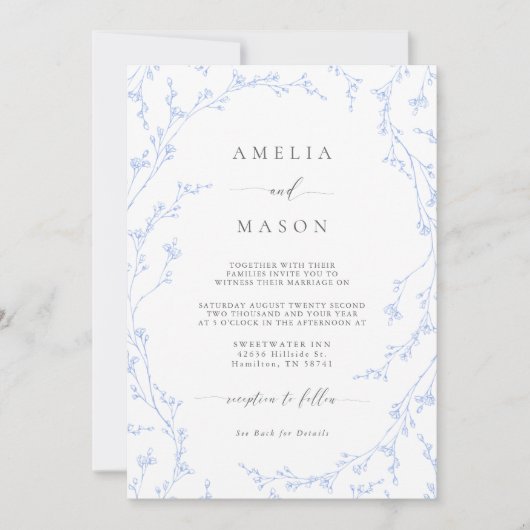 Botanical Dusty Blue Floral All-In-One Wedding 招待状 (正面)