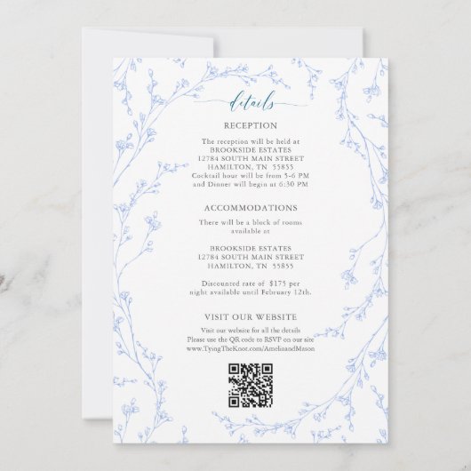 Botanical Dusty Blue Floral All-In-One Wedding 招待状 (裏面)