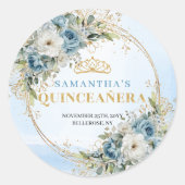 Botanical Dusty Blue Gold Eucalyptus Quinceañera  ラウンドシール (正面)