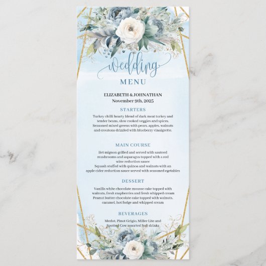 Botanical Dusty Blue Greenery Frame Wedding Menu メニュー (正面)