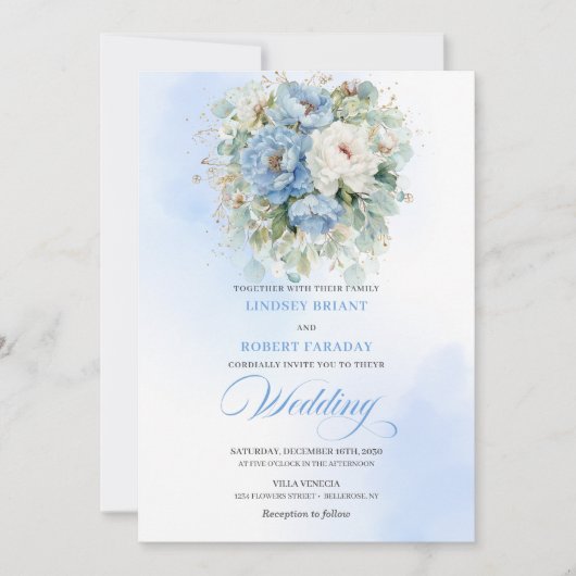 Botanical Dusty Blue White Peony Wedding Invites 招待状 (正面)