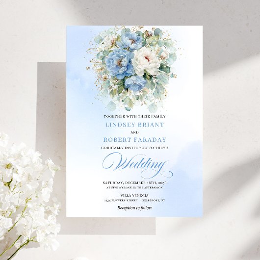 Botanical Dusty Blue White Peony Wedding Invites 招待状