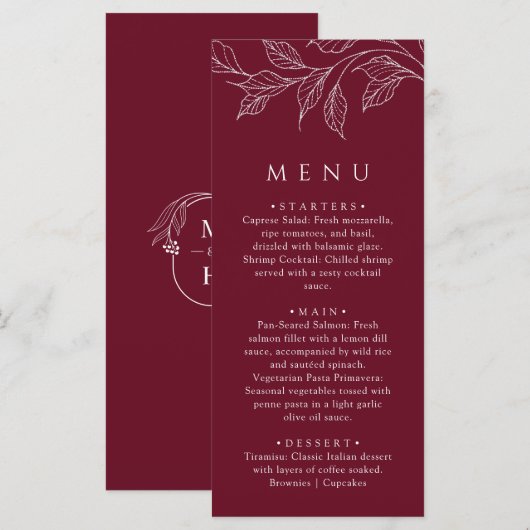 Botanical Elegant Burgundy Wedding Dinner メニュー (正面/裏面)