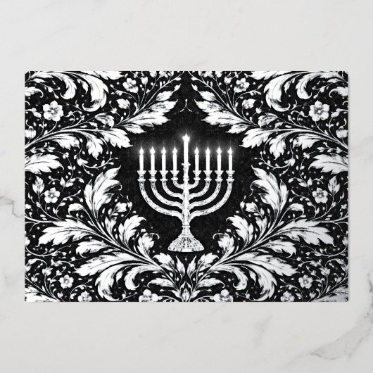 Botanical elegant silver menorah Hannukah 箔シーズンカード (正面)