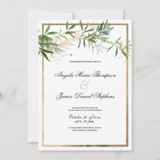 Botanical elegant white mint gold foliage wedding  招待状 (正面)